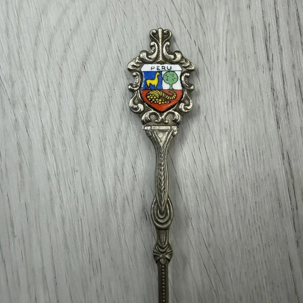 Peru Coat of Arms Enamel Souvenir Spoon Silver Plate Made in Holland